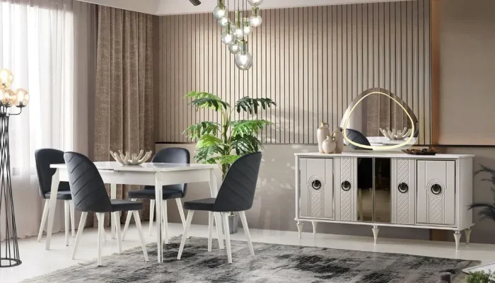 Bahar yemek odası takımı beyaz konsol asimetrik ayna ve antrasit sandalyeli modern salon tasarımı.