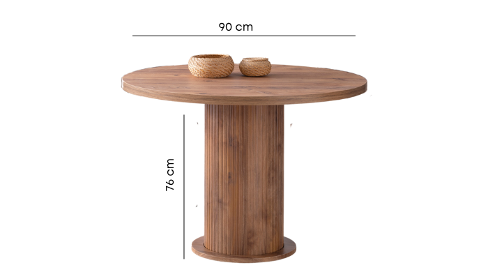 Bohem yuvarlak masa sandalye takımı ölçüleri; 90 cm çap, 76 cm yükseklik, ceviz rengi yivli pedestal kaide