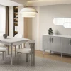 Hazal yemek odası takımı; oval yemek masası, bej döşemeli modern sandalyeler ve ikili yuvarlak aynaya sahip şık konsol takımı.