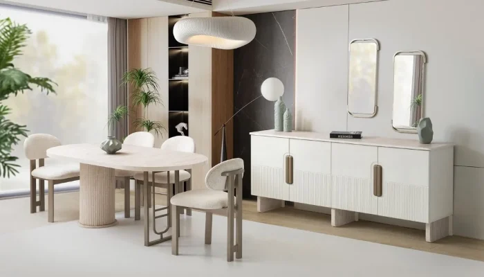 Kum beji ve traverten renklerin ferahlığını yansıtan Zen yemek odası takımı; modern yemek masası, 6 adet konforlu sandalye ve dikey çıta detaylı aynalı konsol ile komple salon yerleşimi.