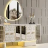 Setra yemek odası takımı aynalı konsol; geometrik kabartma desenler, gold kulplar ve asimetrik ışıklı ayna.