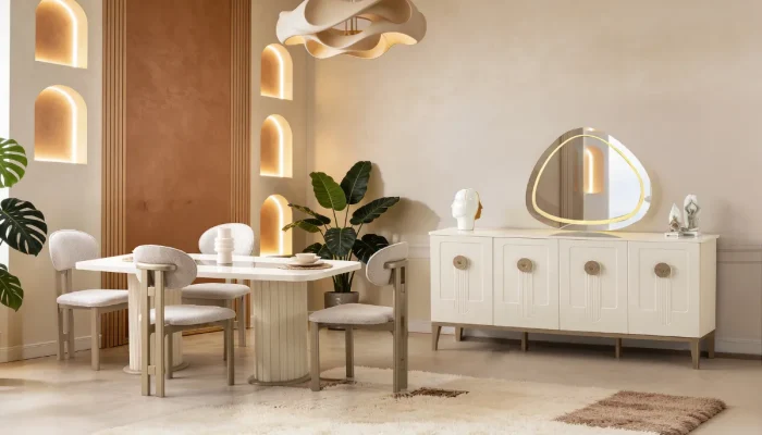 Kilyos yemek odası takımı modern krem masa sandalye büfe ve LED aynalı salon dekorasyonu